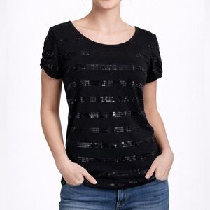 Candie’s Black Sequin Stripe Top | Short Sleeve Scoop Neck | Women's Size Medium